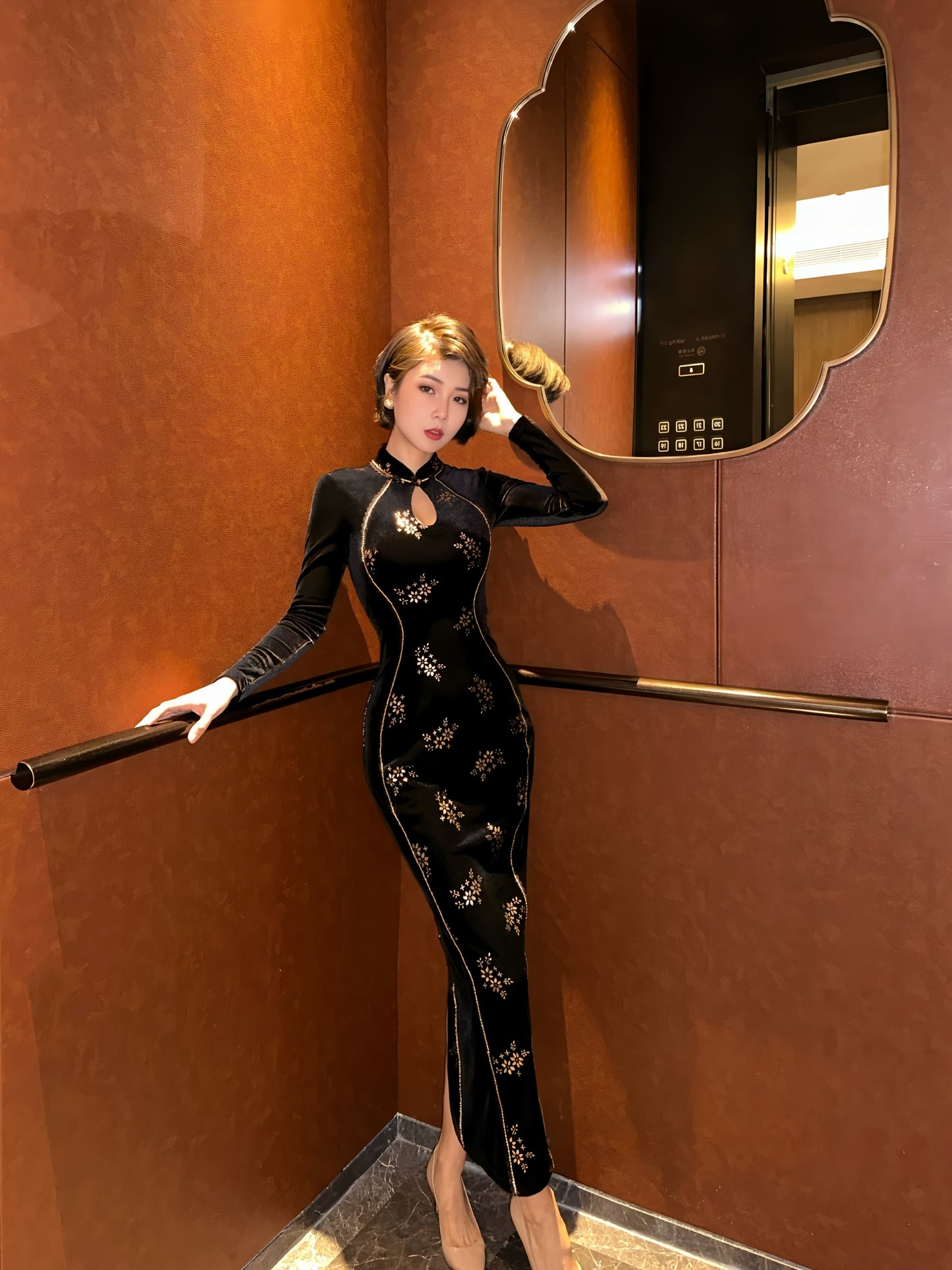 Elegant, retro, and sexy cheongsam in gold velvet