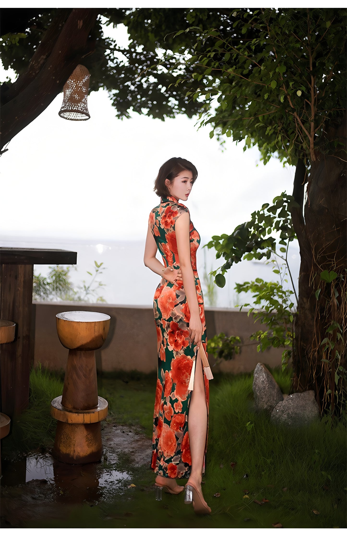 Modern qipao gown with red floral patterns
