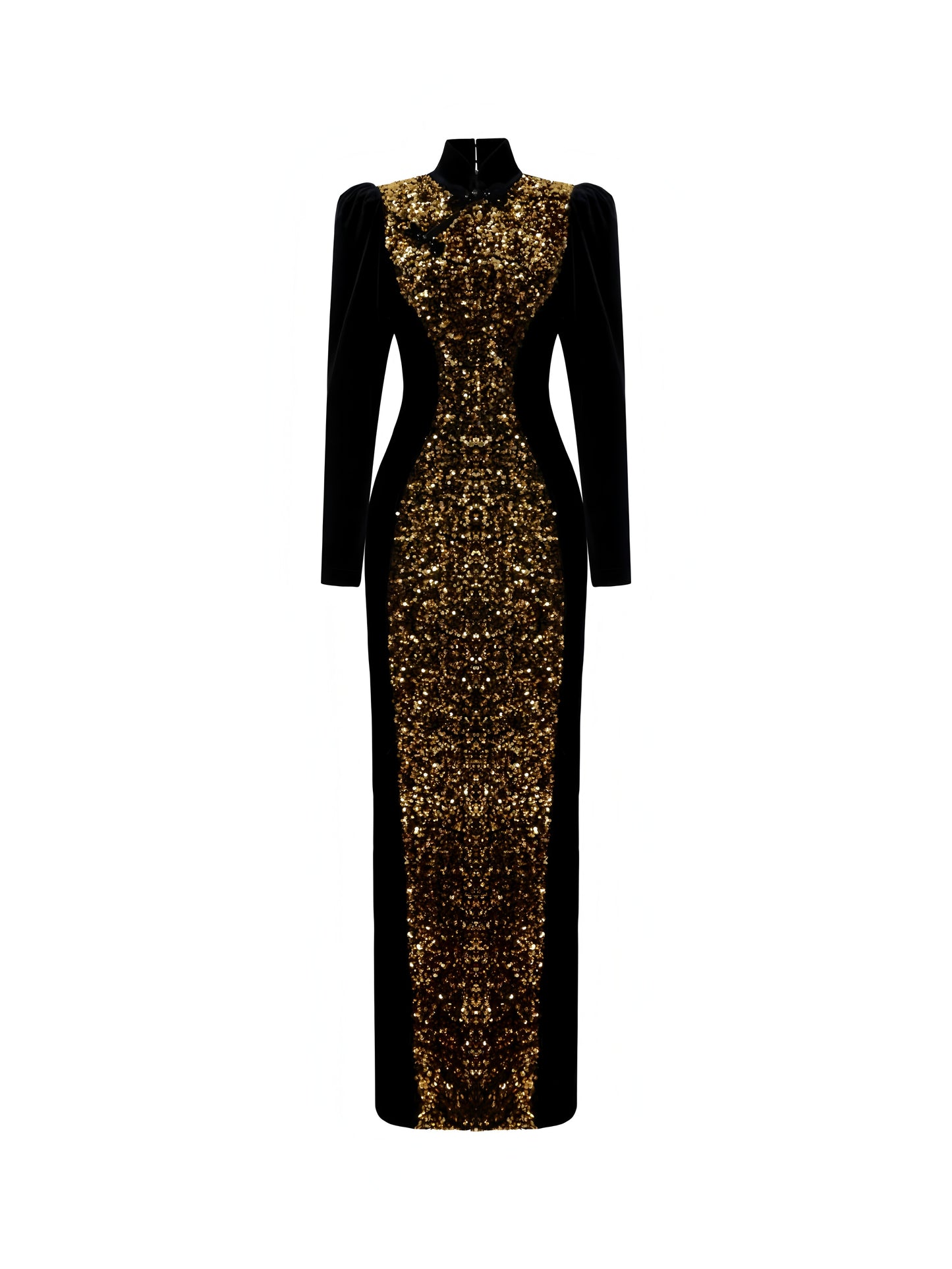 Gold sequined black velvet cheongsam dress