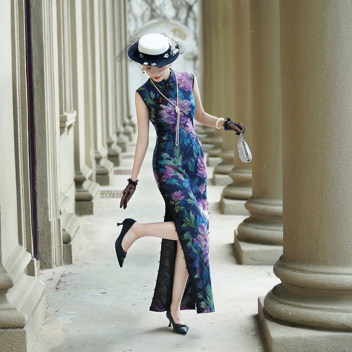 Sleeveless Qipao Gown with Vibrant, Colorful Patterns