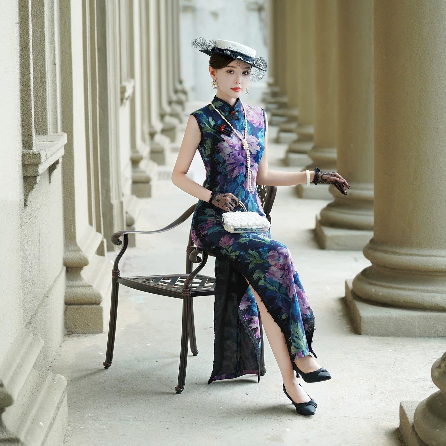 Sleeveless Qipao Gown with Vibrant, Colorful Patterns