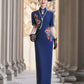 Short-sleeved blue embroidered modern qipao gown