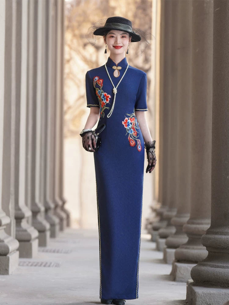 Short-sleeved blue embroidered modern qipao gown