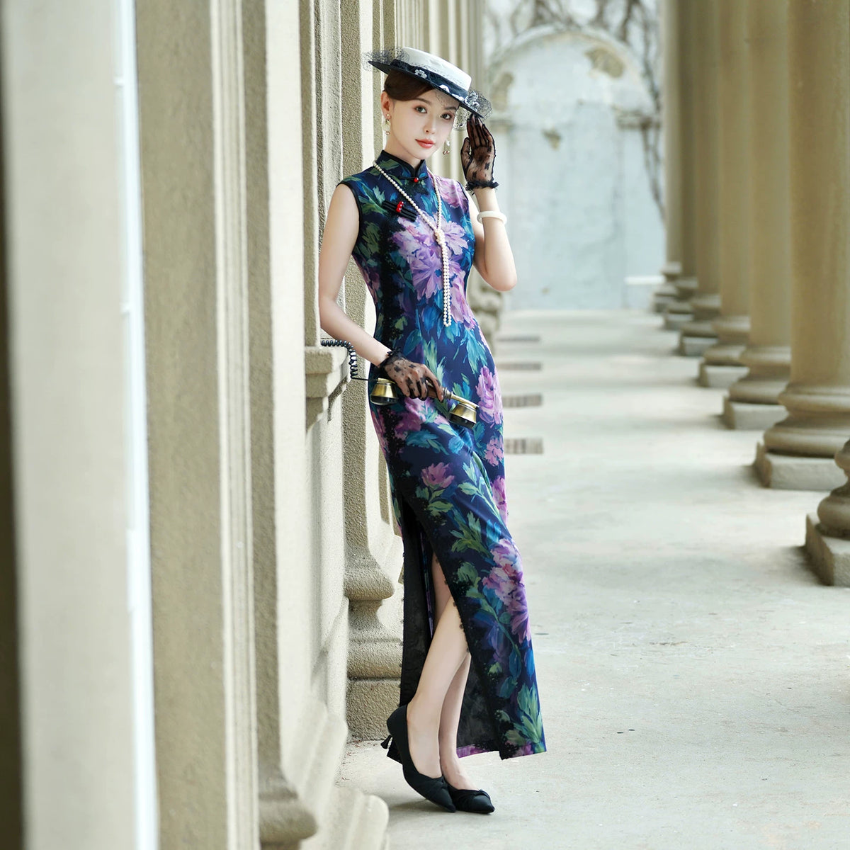Sleeveless Qipao Gown with Vibrant, Colorful Patterns