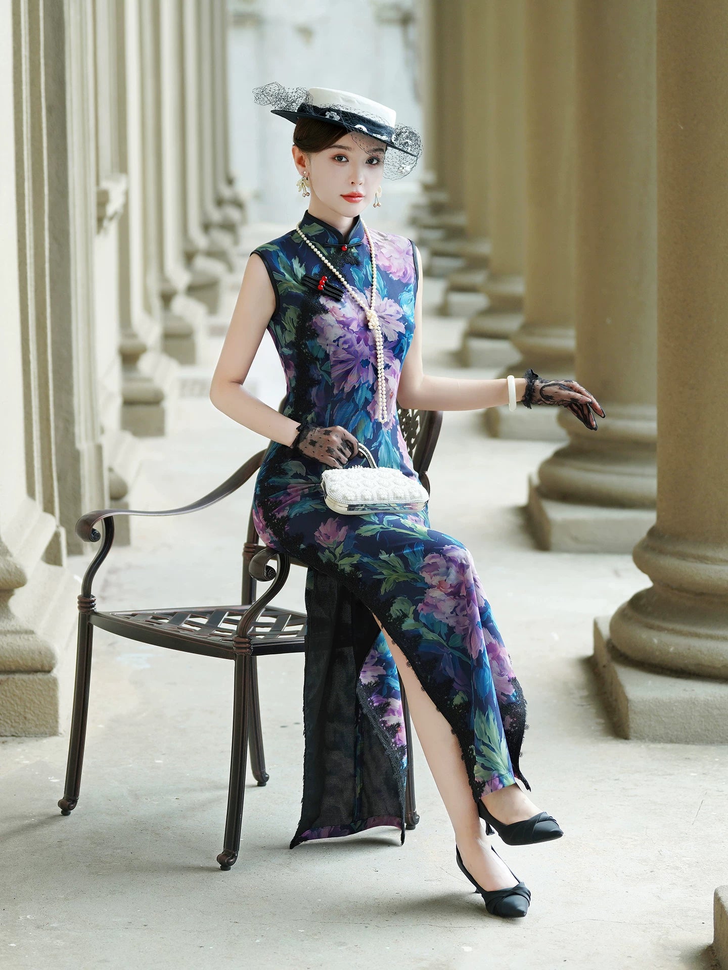 Sleeveless Qipao Gown with Vibrant, Colorful Patterns
