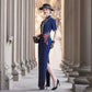 Short-sleeved blue embroidered modern qipao gown