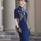 Short-sleeved blue embroidered modern qipao gown