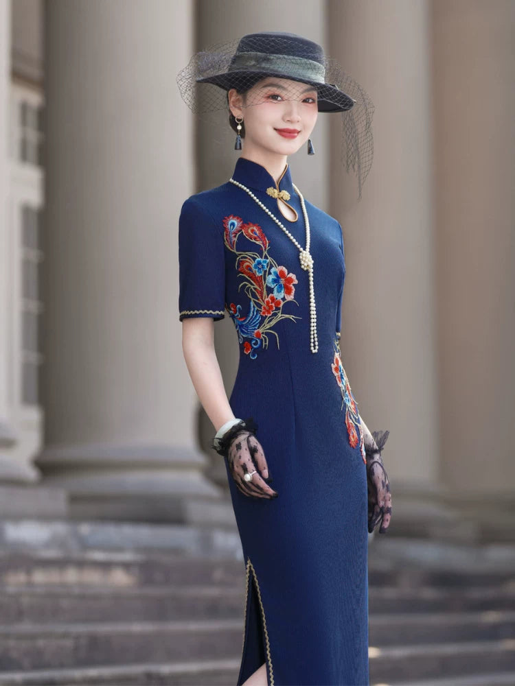 Short-sleeved blue embroidered modern qipao gown