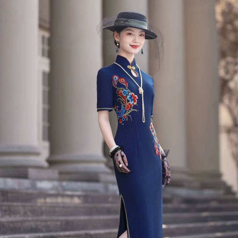 Short-sleeved blue embroidered modern qipao gown