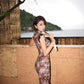Brown floral qipao gown with lace trim