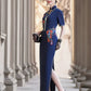 Short-sleeved blue embroidered modern qipao gown