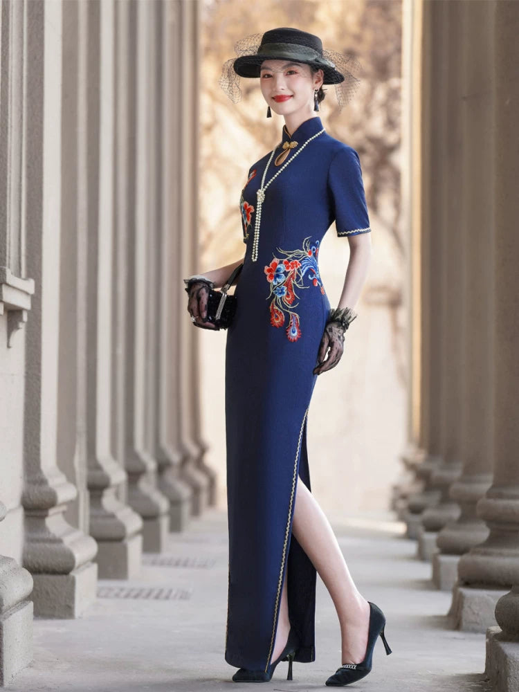 Short-sleeved blue embroidered modern qipao gown