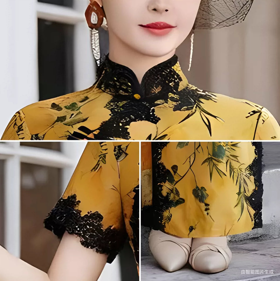 Yellow sleeveless modern qipao with a bamboo print.