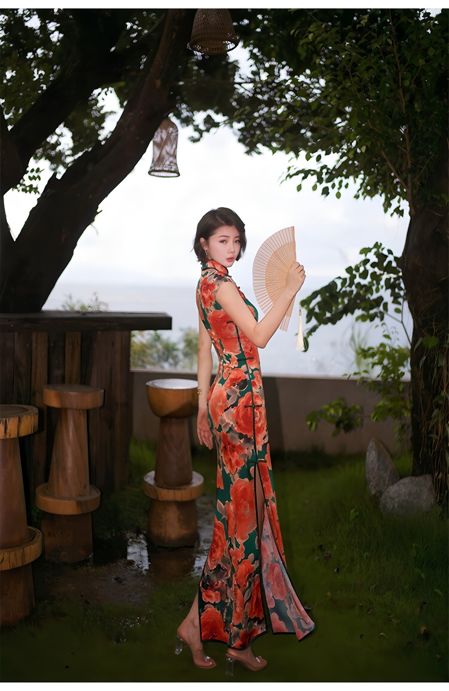 Modern qipao gown with red floral patterns