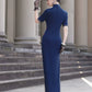 Short-sleeved blue embroidered modern qipao gown