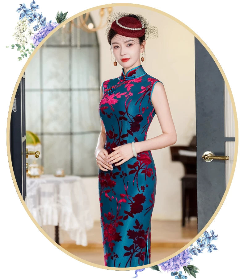 Modern velvet qipao gown with embroidery