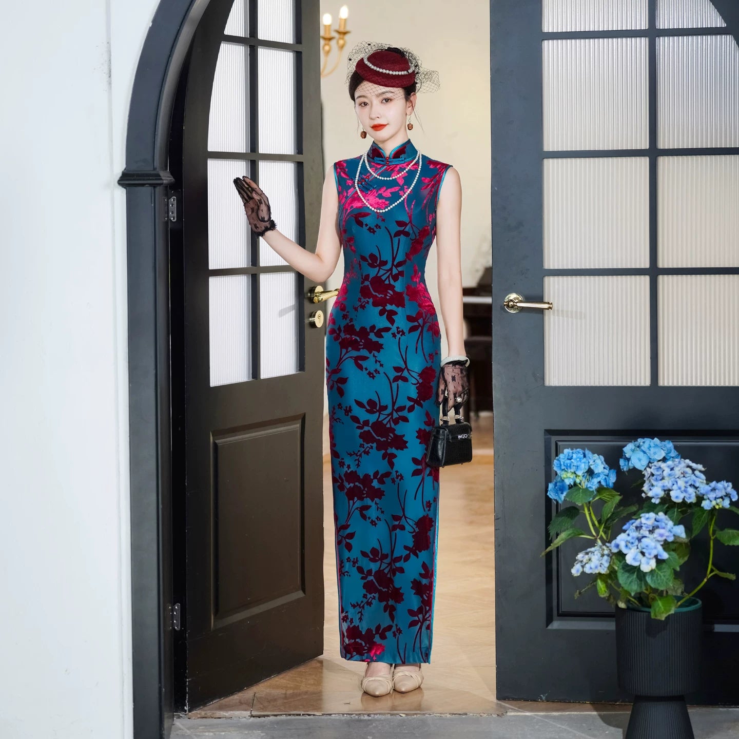 Modern velvet qipao gown with embroidery