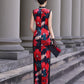 Modern Sleeveless Qipao Gown with Red Floral Print