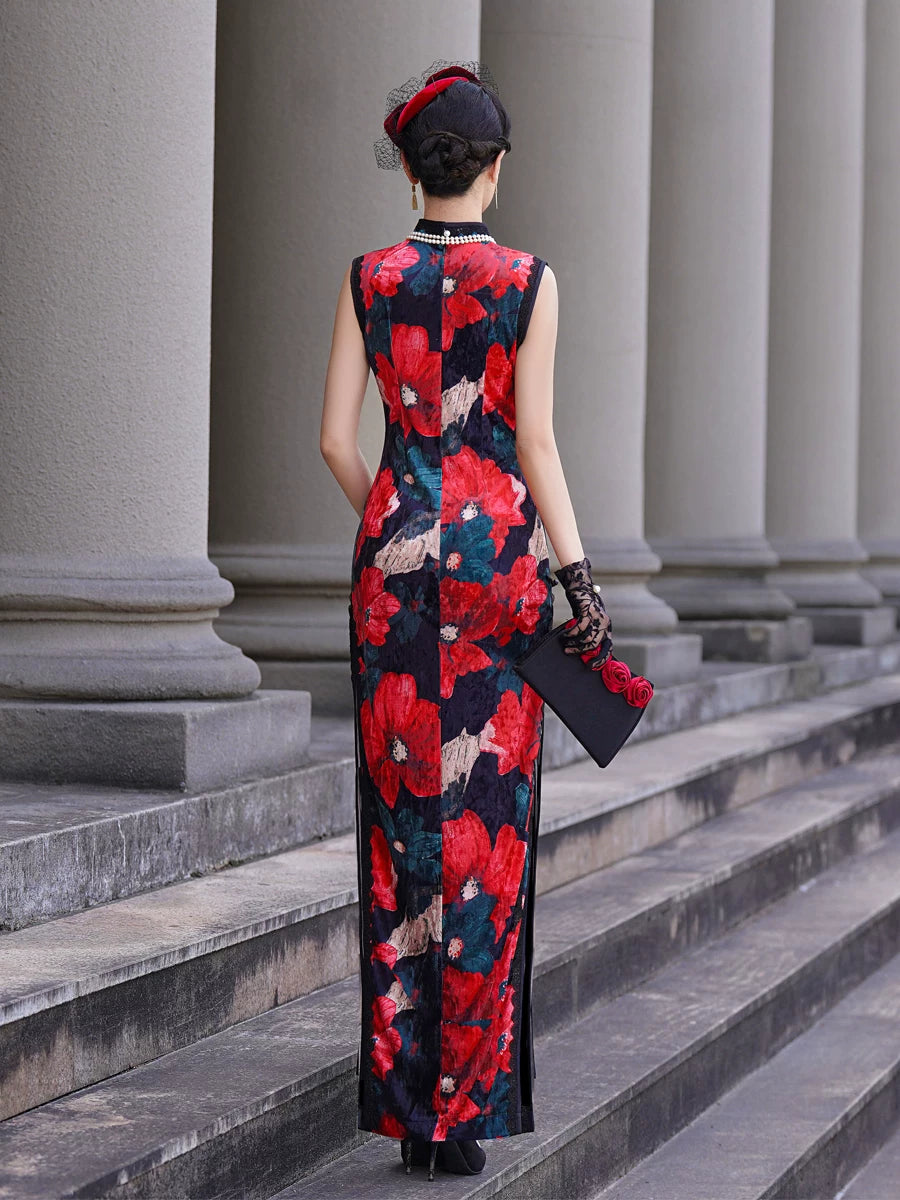 Modern Sleeveless Qipao Gown with Red Floral Print