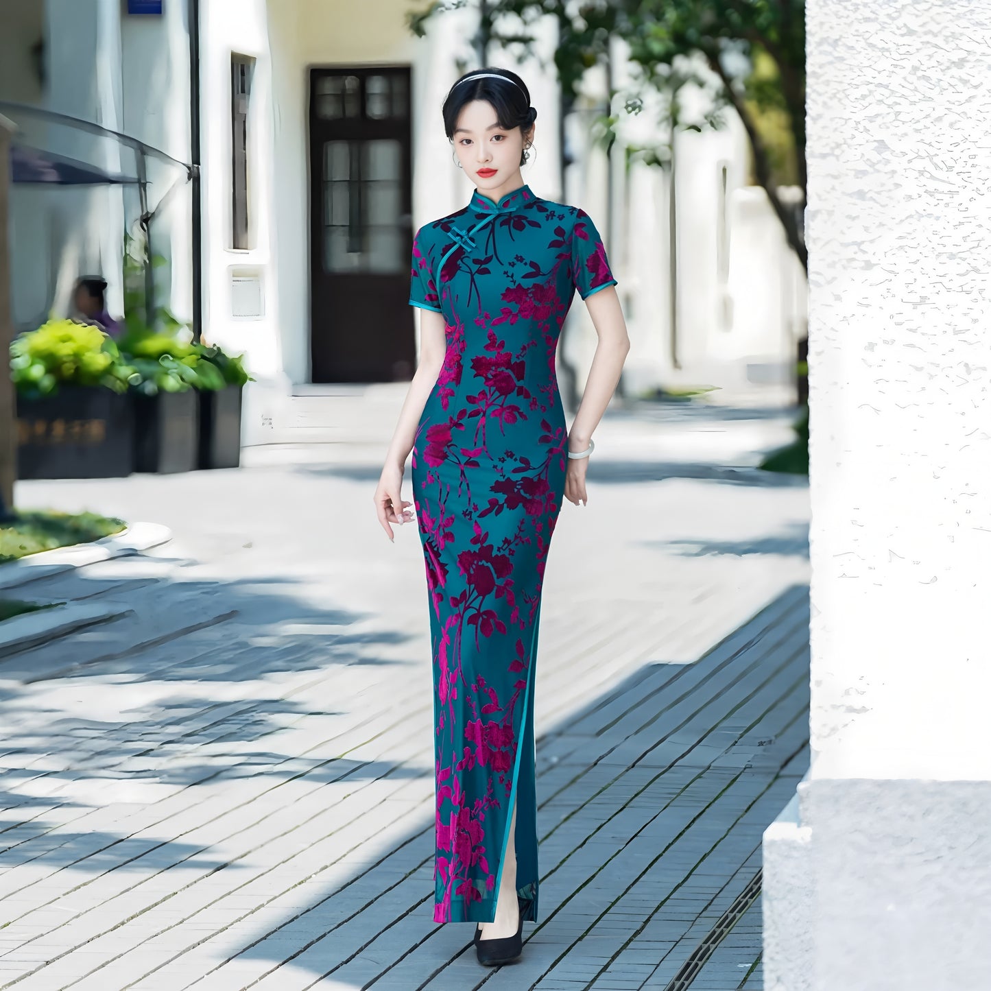 Modern purple velvet qipao gown