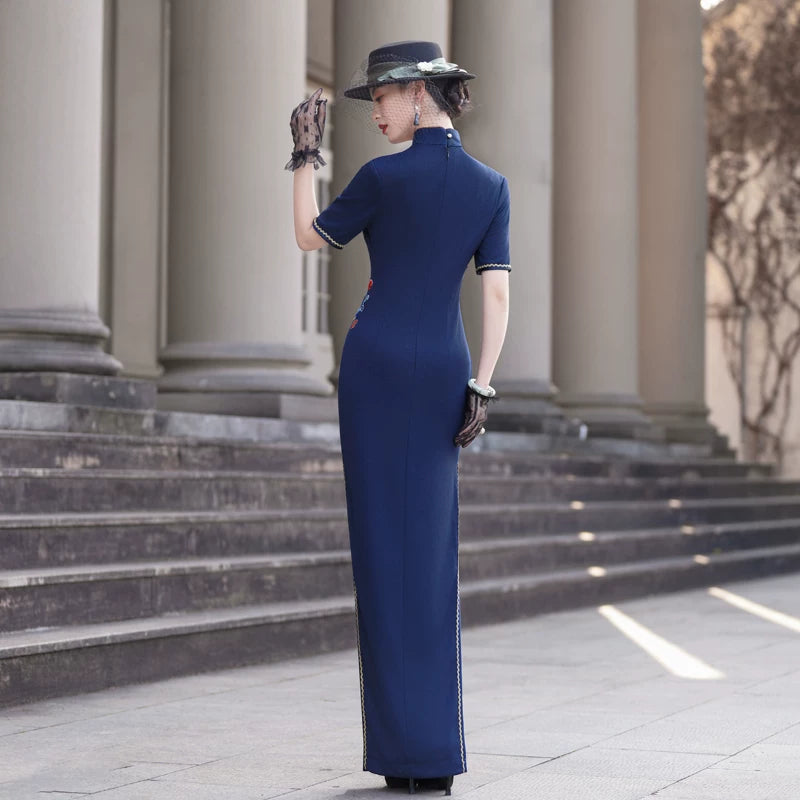 Short-sleeved blue embroidered modern qipao gown