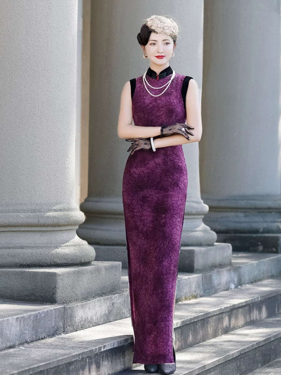 Sleeveless purple modern qipao gown