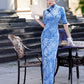 Modern blue embroidered qipao gown
