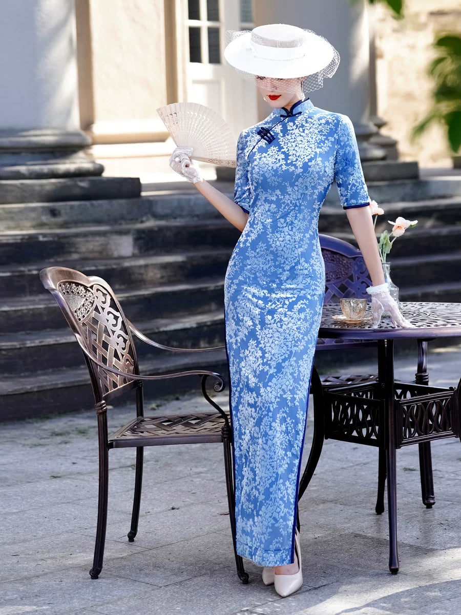 Modern blue embroidered qipao gown