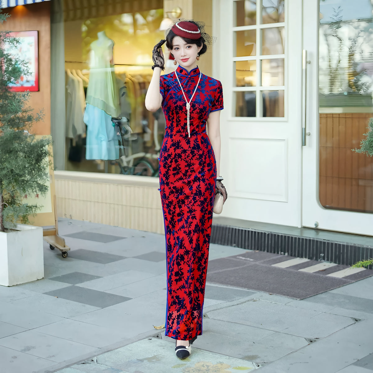 Modern purple velvet qipao gown