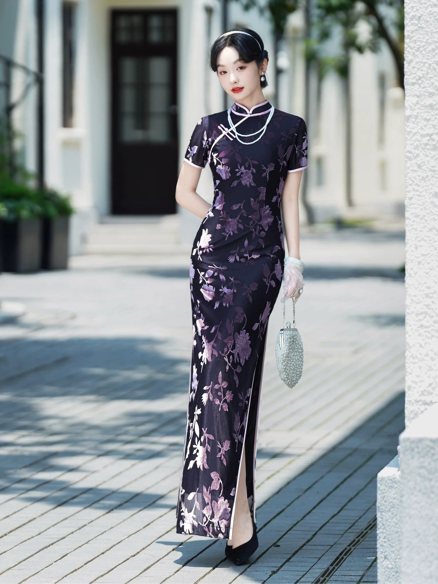 Modern purple velvet qipao gown