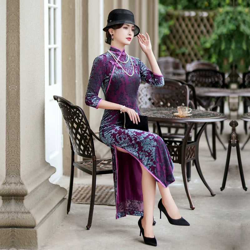 modern purple velvet qipao gown for dinner gift for her.
