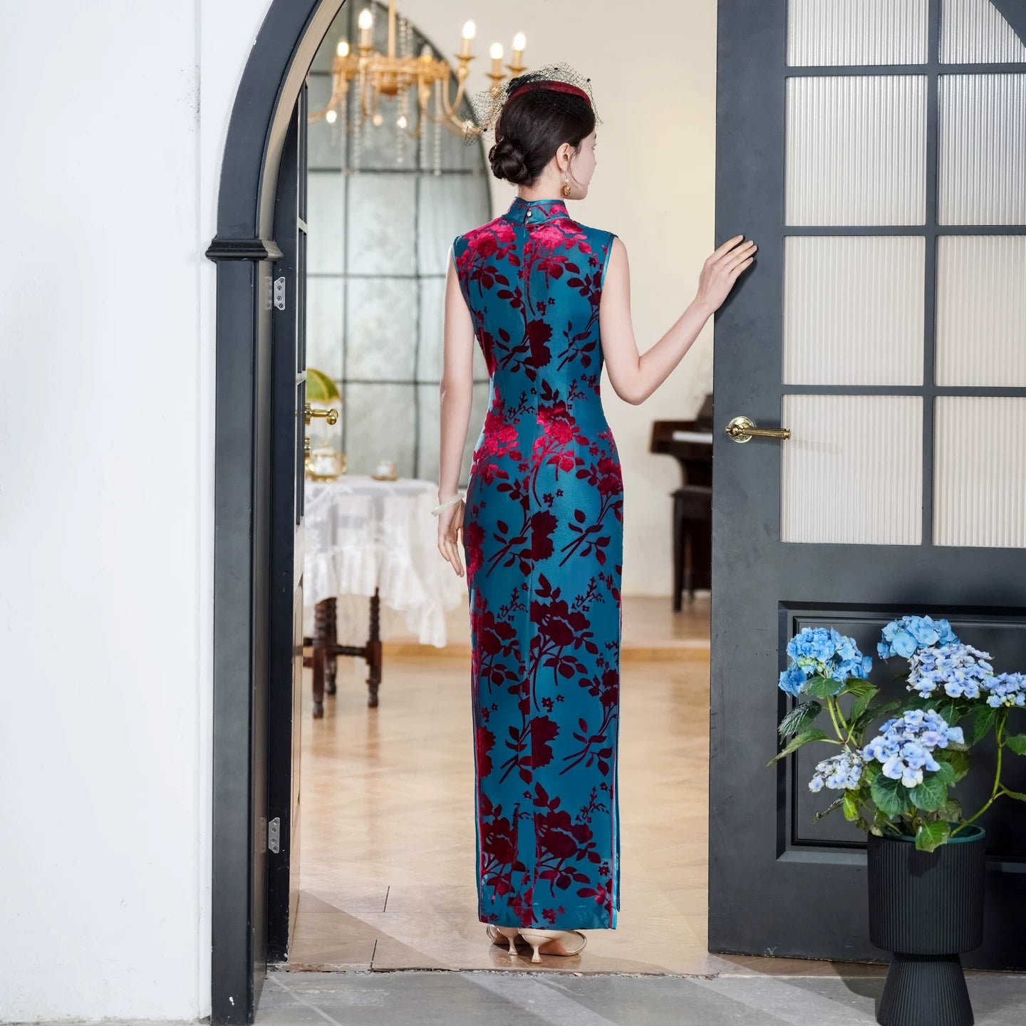 Modern velvet qipao gown with embroidery
