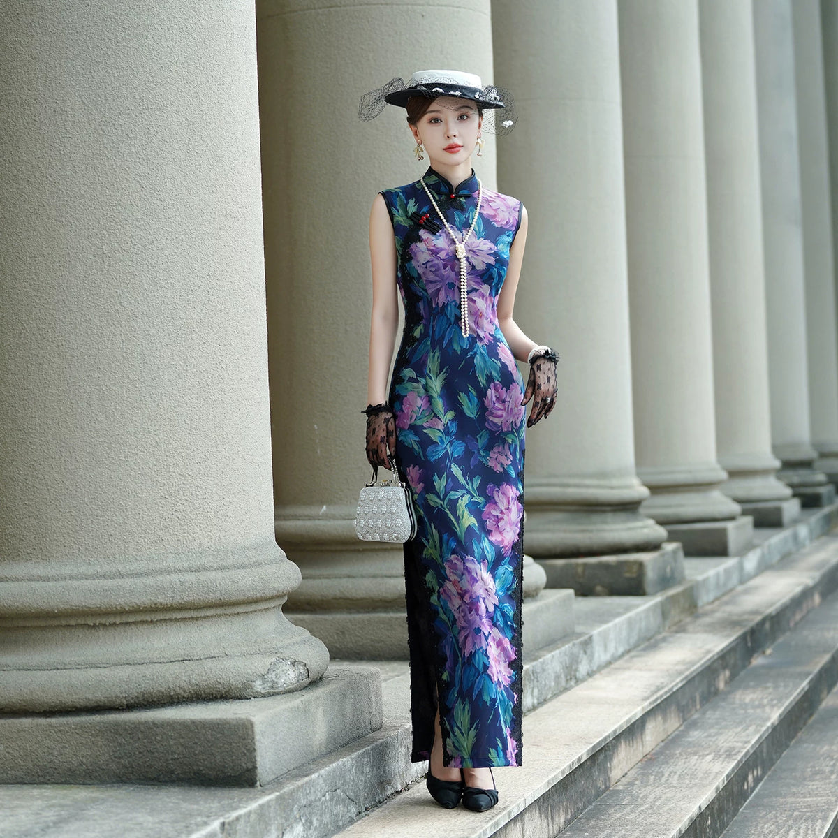 Sleeveless Qipao Gown with Vibrant, Colorful Patterns