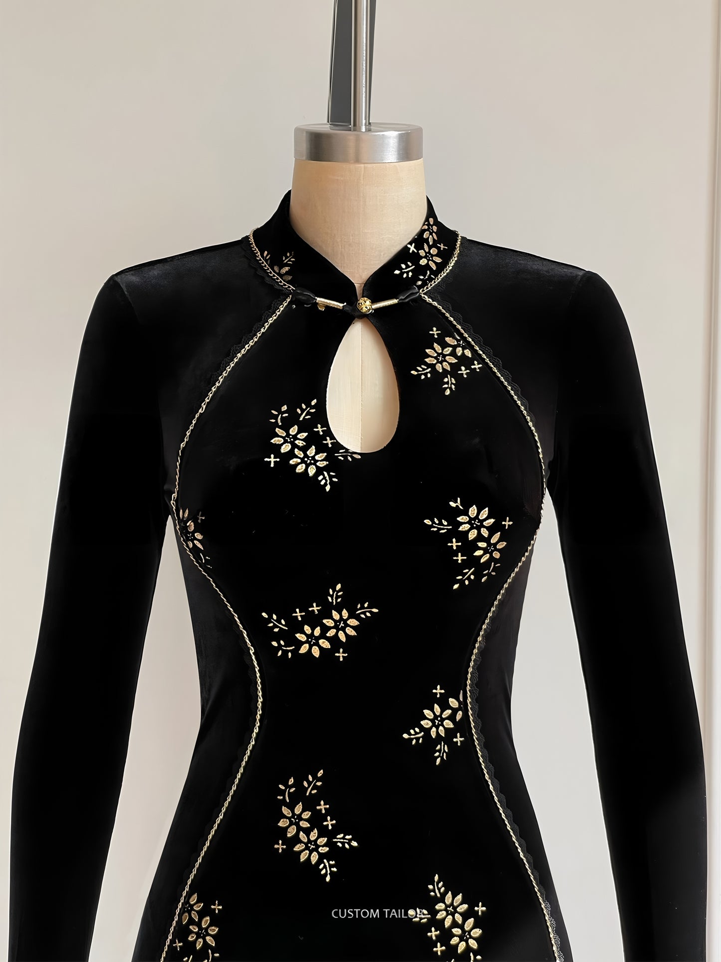 Elegant, retro, and sexy cheongsam in gold velvet