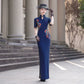 Short-sleeved blue embroidered modern qipao gown