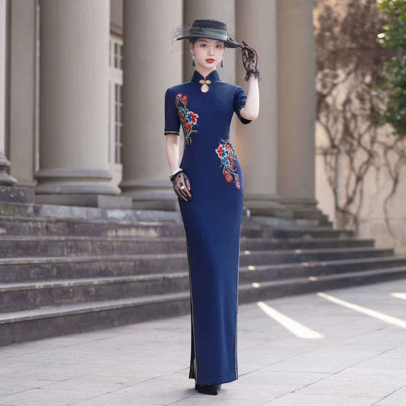Short-sleeved blue embroidered modern qipao gown
