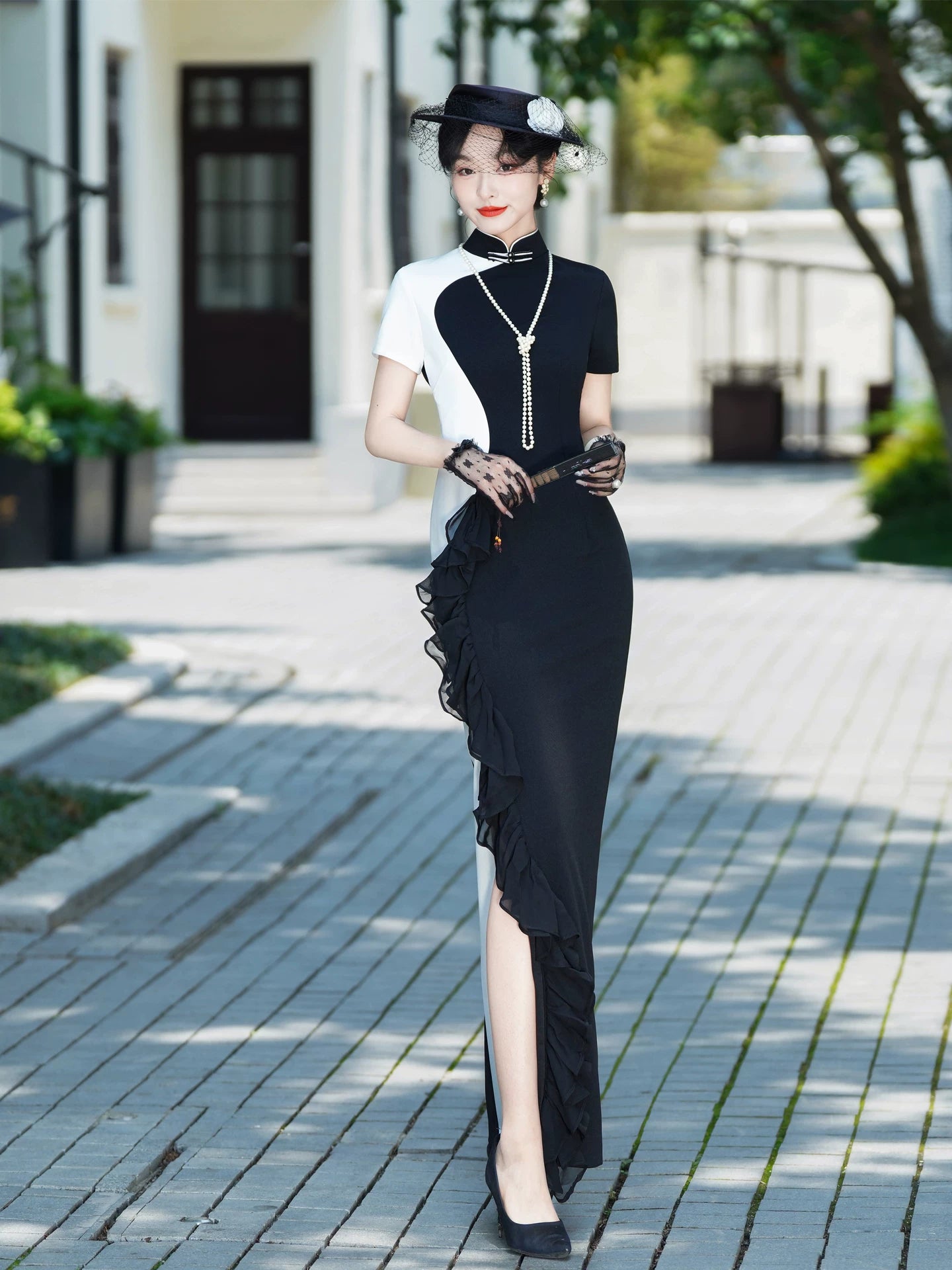 Black and white modern qipao gown for the prom