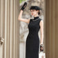 Black velvet sleeveless qipao gown