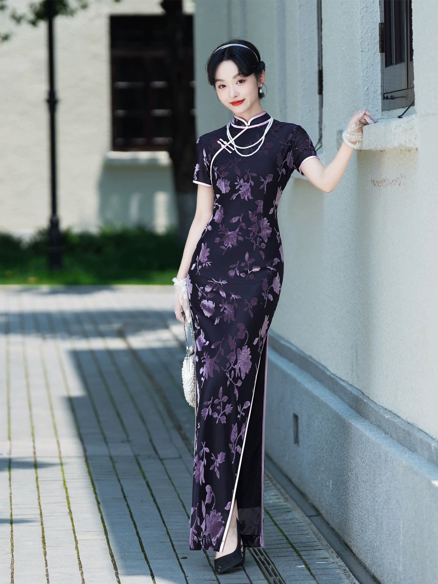 Modern purple velvet qipao gown