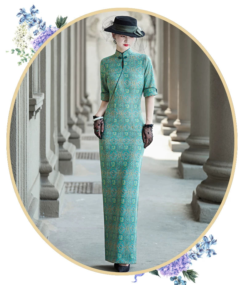 Tailoring a modern blue-green qipao gown for you.