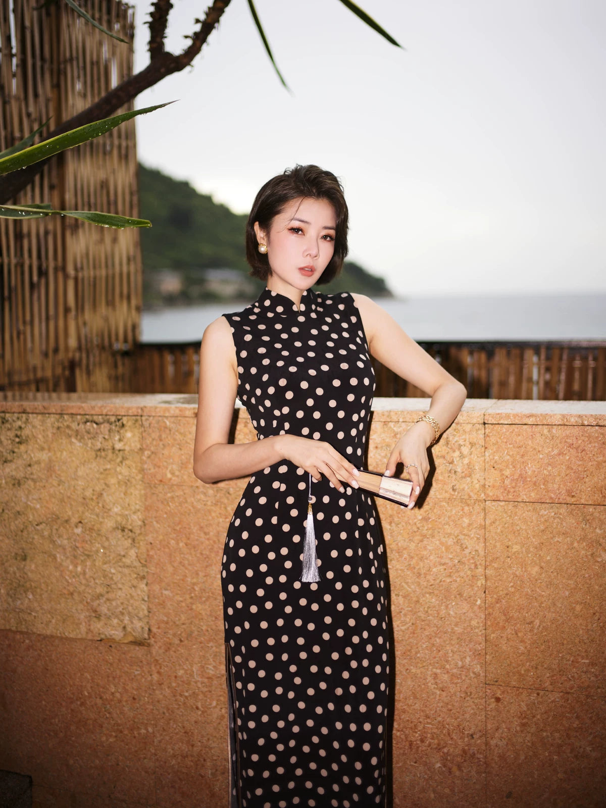 Black Polka-Dot Sleeveless Modern Qipao Gown