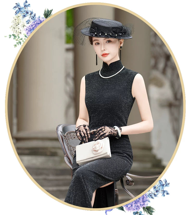 Black velvet sleeveless qipao gown