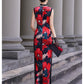 Modern Sleeveless Qipao Gown with Red Floral Print