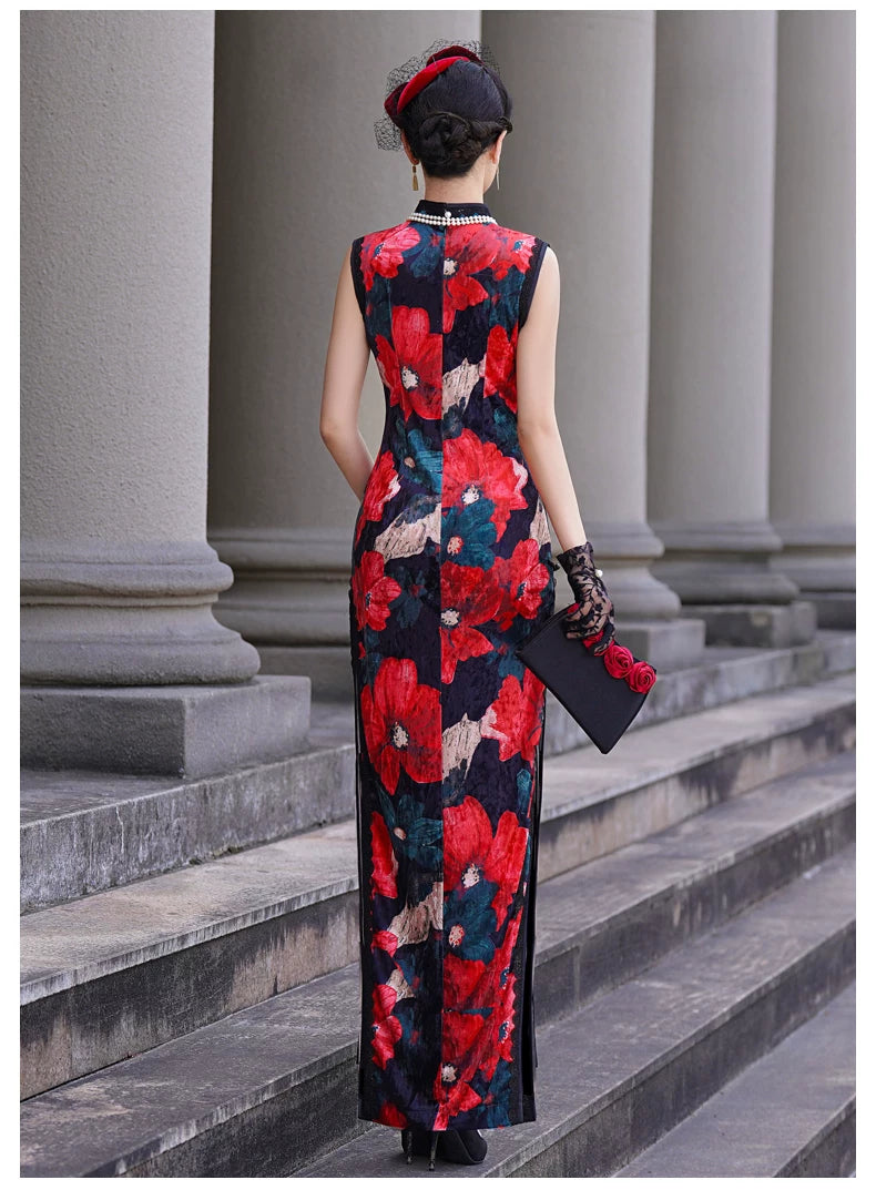 Modern Sleeveless Qipao Gown with Red Floral Print