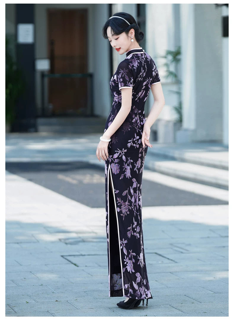 Modern purple velvet qipao gown
