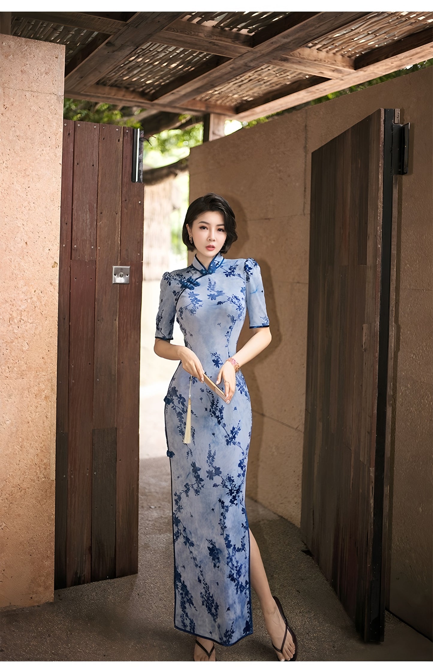 Modern Qipao Gown with Blue Floral Print