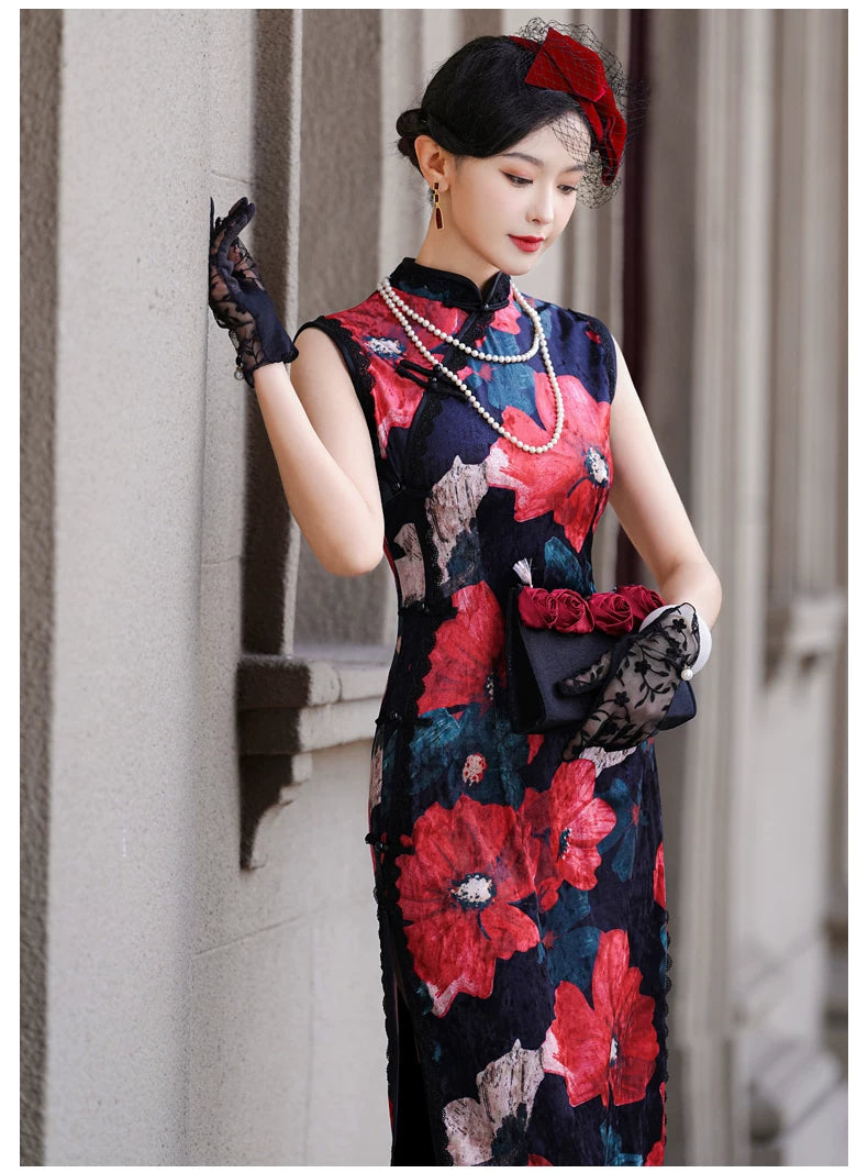 Modern Sleeveless Qipao Gown with Red Floral Print