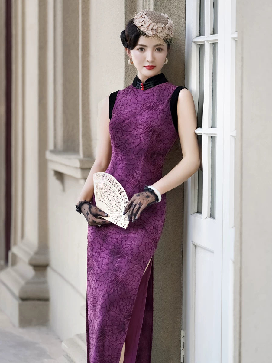 Sleeveless purple modern qipao gown
