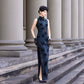 Blue sleeveless modern qipao gown