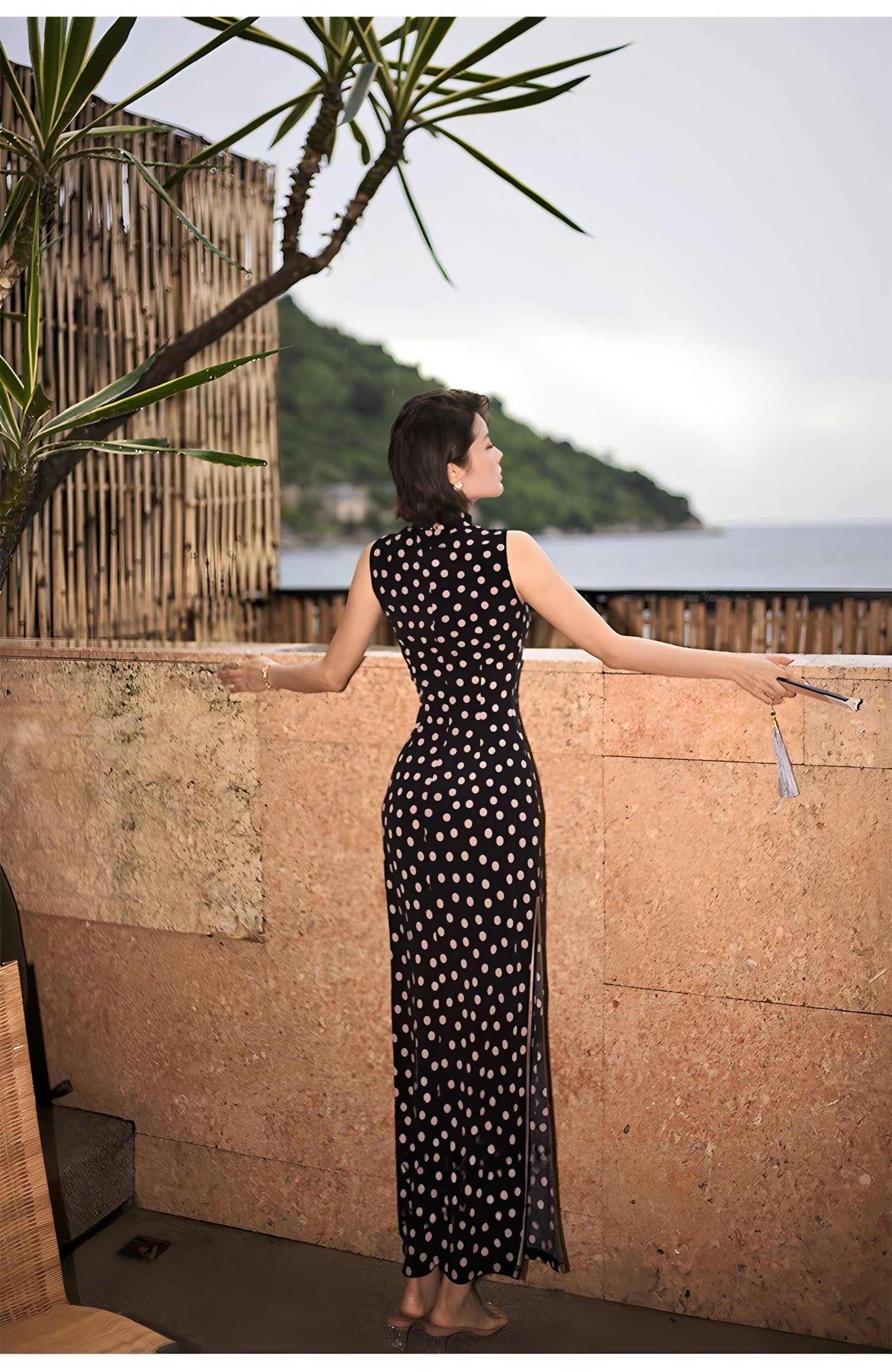 Black Polka-Dot Sleeveless Modern Qipao Gown